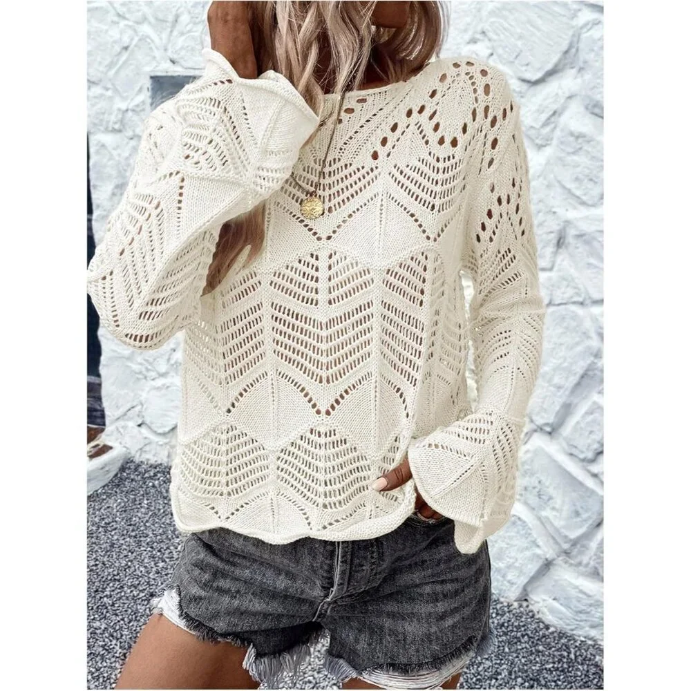 Women's Crochet Sweater Hollow Out Lightweight Crew Neck Long Sleeve Knit Top